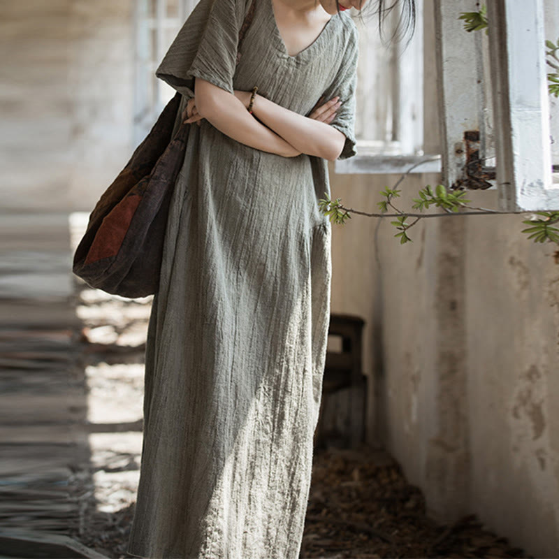 Buddha Stones ręcznie robiona sukienka midi z dekoltem w serek i nadrukiem tie-dye z lnu z krótkim rękawem - image 24