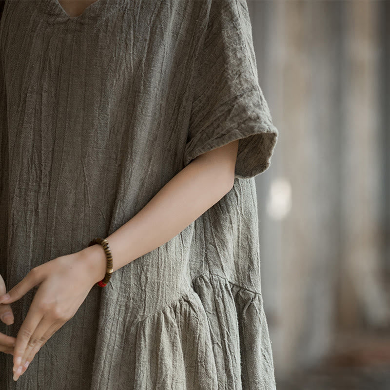 Buddha Stones ręcznie robiona sukienka midi z dekoltem w serek i nadrukiem tie-dye z lnu z krótkim rękawem - image 25
