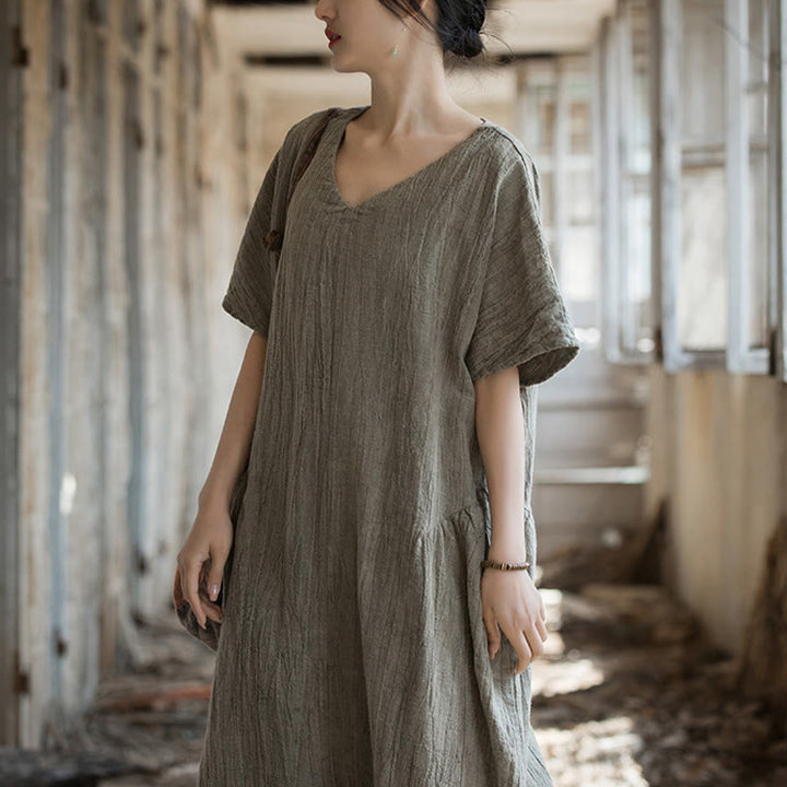 Buddha Stones ręcznie robiona sukienka midi z dekoltem w serek i nadrukiem tie-dye z lnu z krótkim rękawem