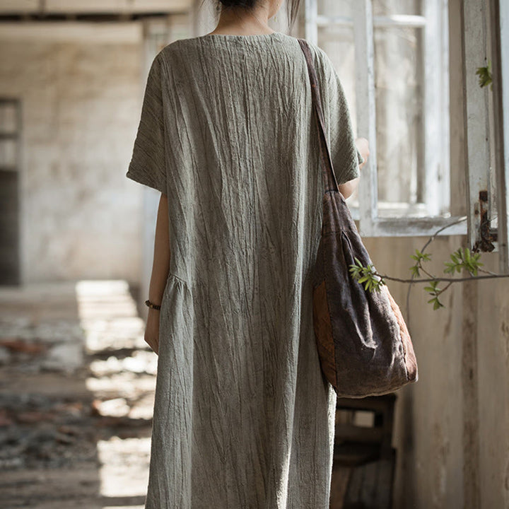 Buddha Stones ręcznie robiona sukienka midi z dekoltem w serek i nadrukiem tie-dye z lnu z krótkim rękawem - image 19