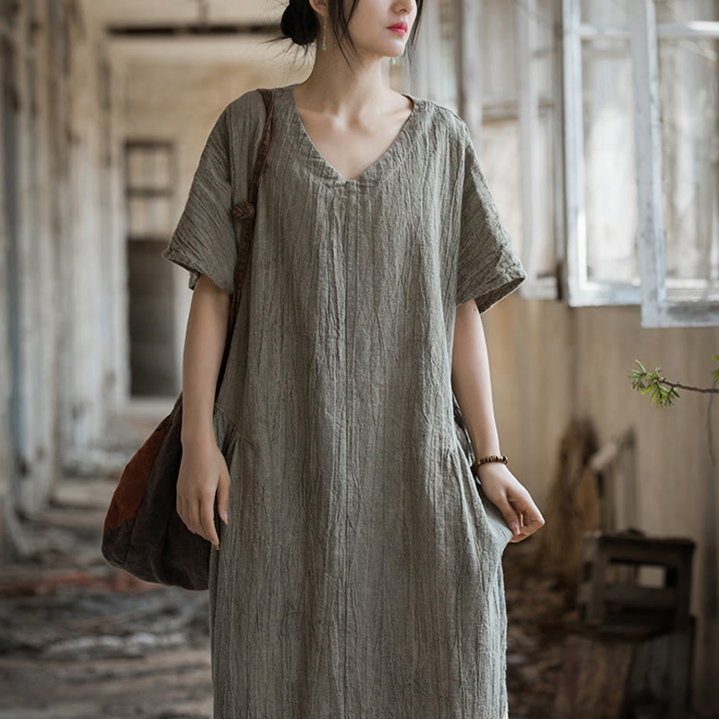 Buddha Stones ręcznie robiona sukienka midi z dekoltem w serek i nadrukiem tie-dye z lnu z krótkim rękawem