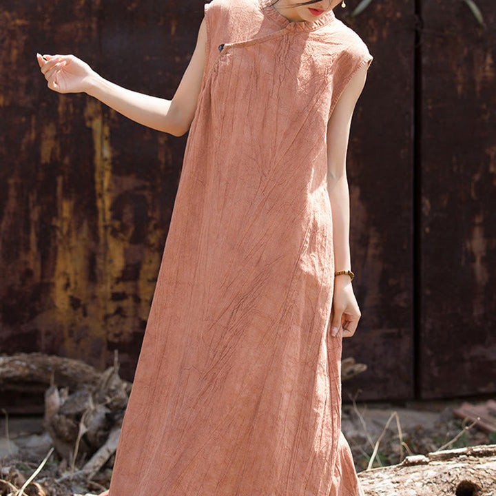 Sukienka midi z ręcznie robionym wzorem tie-dye z Buddha Stones, lniana, bez rękawów - Pomarańczowy (biust 116 cm/ramiona 39 cm/długość 115 cm) (tylko sukienka) - image 0