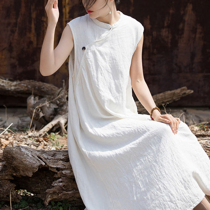 Sukienka midi z ręcznie robionym wzorem tie-dye z Buddha Stones, lniana, bez rękawów - image 17