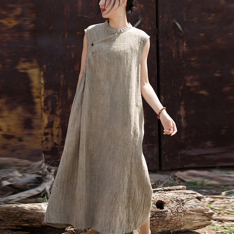 Sukienka midi z ręcznie robionym wzorem tie-dye z Buddha Stones, lniana, bez rękawów - Beżowy (biust 116 cm/ramiona 39 cm/długość 115 cm) (tylko sukienka) - image 19