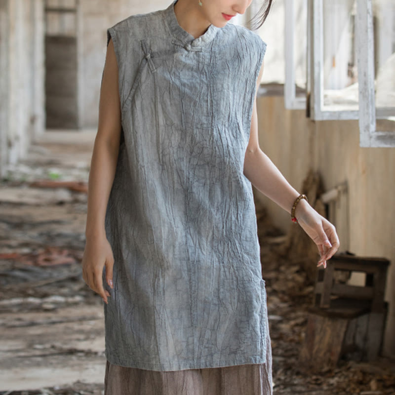 Buddha Stones ręcznie robione Tie Dye Ramie Len Żaba-Guzik Bezrękawnik - Szary (biust 112 cm/ramiona 42 cm/długość 84 cm) (tylko góra) - image 0