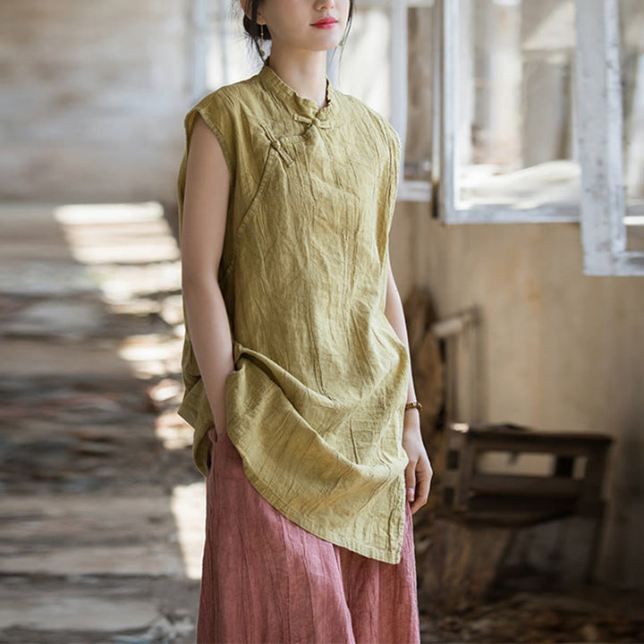 Buddha Stones ręcznie robione Tie Dye Ramie Len Żaba-Guzik Bezrękawnik - Żółty (biust 112 cm/ramiona 42 cm/długość 84 cm) (tylko góra) - image 14