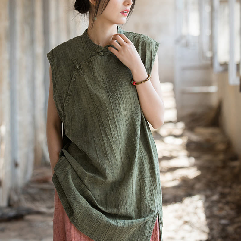 Buddha Stones ręcznie robione Tie Dye Ramie Len Żaba-Guzik Bezrękawnik