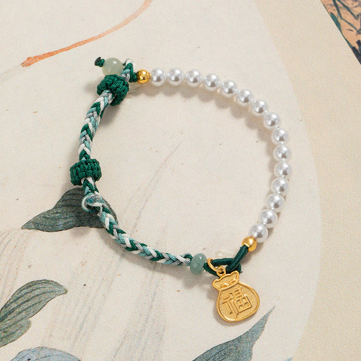 Buddha Stones 925 Srebro Sterlingowe Fu Character Lucky Bag Perła Hetian Jade Mądrość Bransoletka Lina