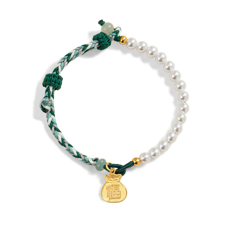 Buddha Stones 925 Srebro Sterlingowe Fu Character Lucky Bag Perła Hetian Jade Mądrość Bransoletka Lina
