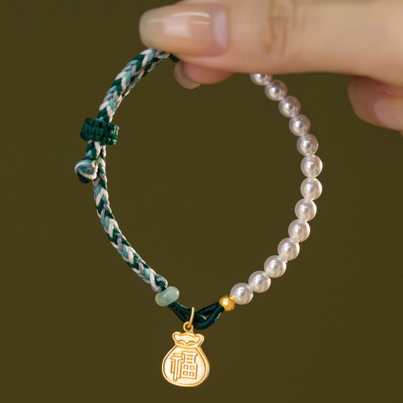 Buddha Stones 925 Srebro Sterlingowe Fu Character Lucky Bag Perła Hetian Jade Mądrość Bransoletka Lina