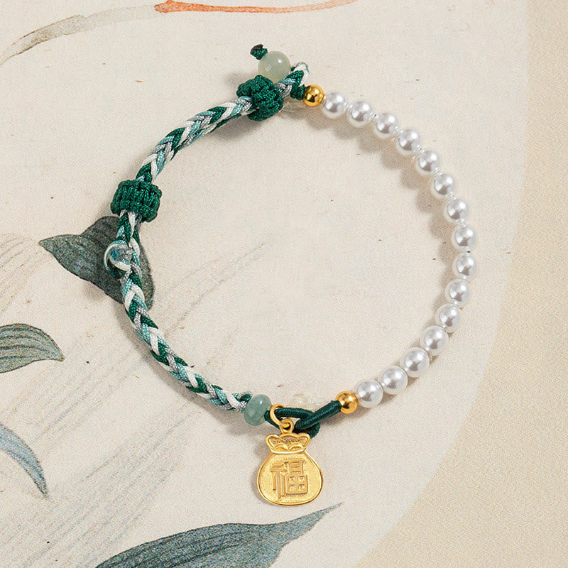 Buddha Stones 925 Srebro Sterlingowe Fu Character Lucky Bag Perła Hetian Jade Mądrość Bransoletka Lina