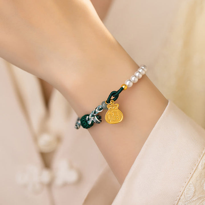 Buddha Stones 925 Srebro Sterlingowe Fu Character Lucky Bag Perła Hetian Jade Mądrość Bransoletka Lina