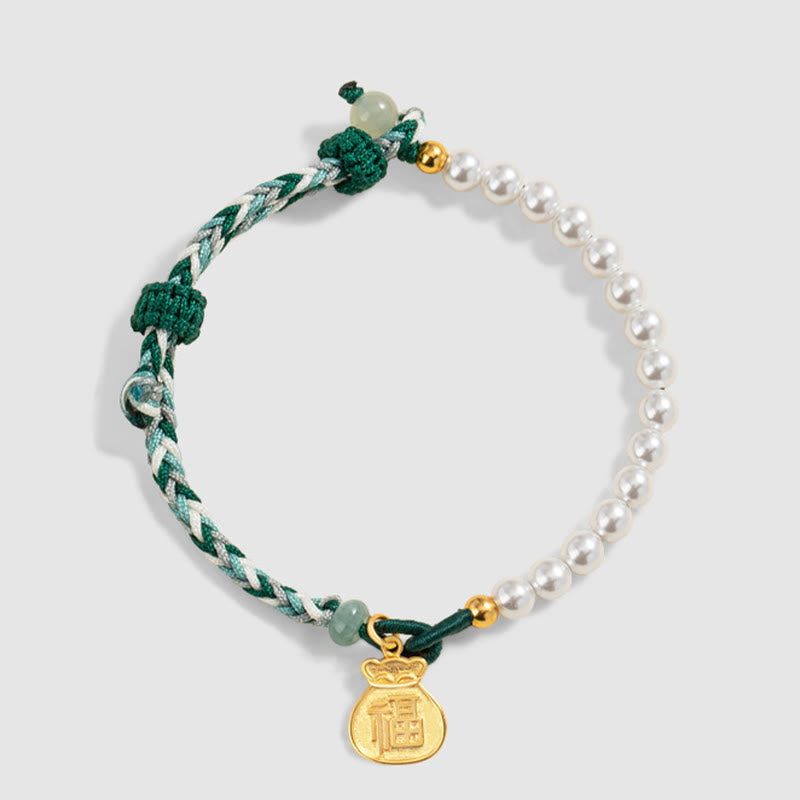 Buddha Stones 925 Srebro Sterlingowe Fu Character Lucky Bag Perła Hetian Jade Mądrość Bransoletka Lina