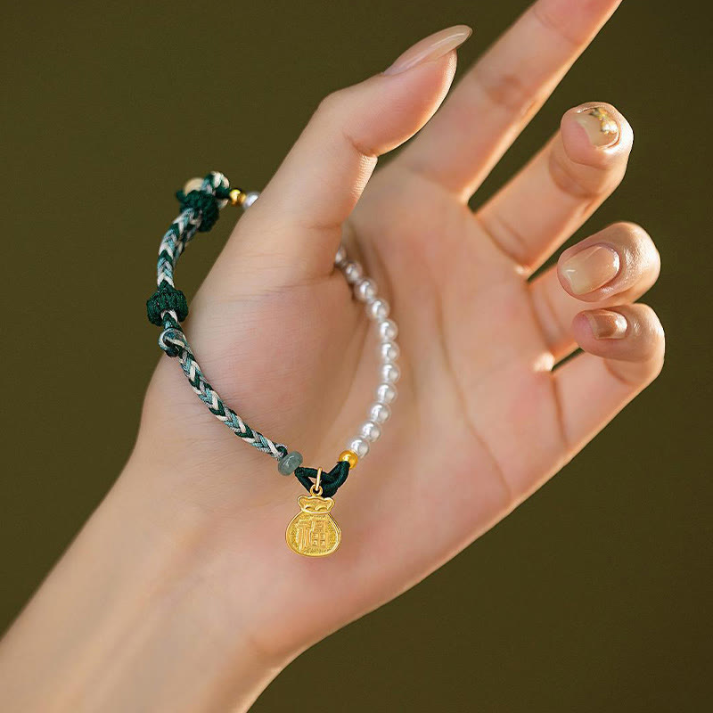 Buddha Stones 925 Srebro Sterlingowe Fu Character Lucky Bag Perła Hetian Jade Mądrość Bransoletka Lina