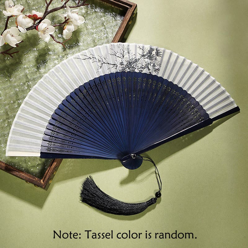 Buddha Stones Starożytne Kwiaty Gałęzie Ręczny Składany Wachlarz Bambusowy 21 cm