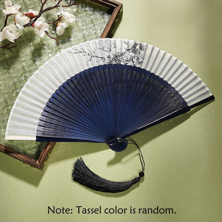 Buddha Stones Starożytne Kwiaty Gałęzie Ręczny Składany Wachlarz Bambusowy 21 cm