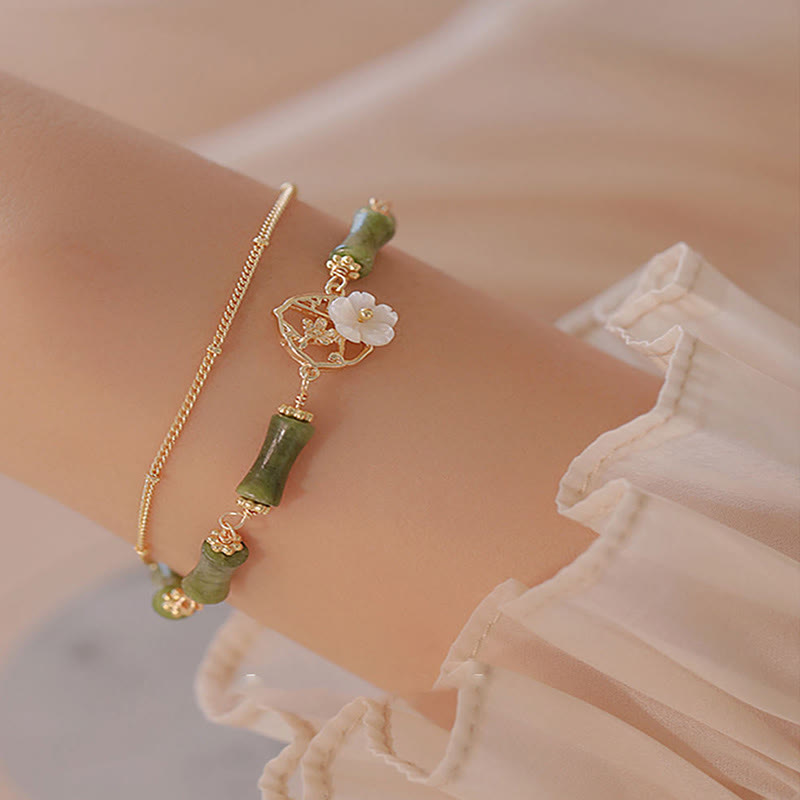 Buddha Stones 14k pozłacana miedź peridot bambus kwiat bogactwo podwójna bransoletka