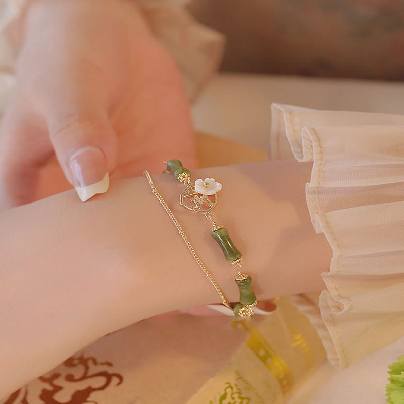 Buddha Stones 14k pozłacana miedź peridot bambus kwiat bogactwo podwójna bransoletka