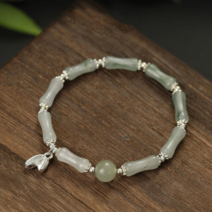 Buddha Stones 925 Srebro Sterling Naturalny Tianshan Jade Bamboo Charm Bransoletka Szczęścia - Jadeit (obwód nadgarstka 14-16 cm) - image 0