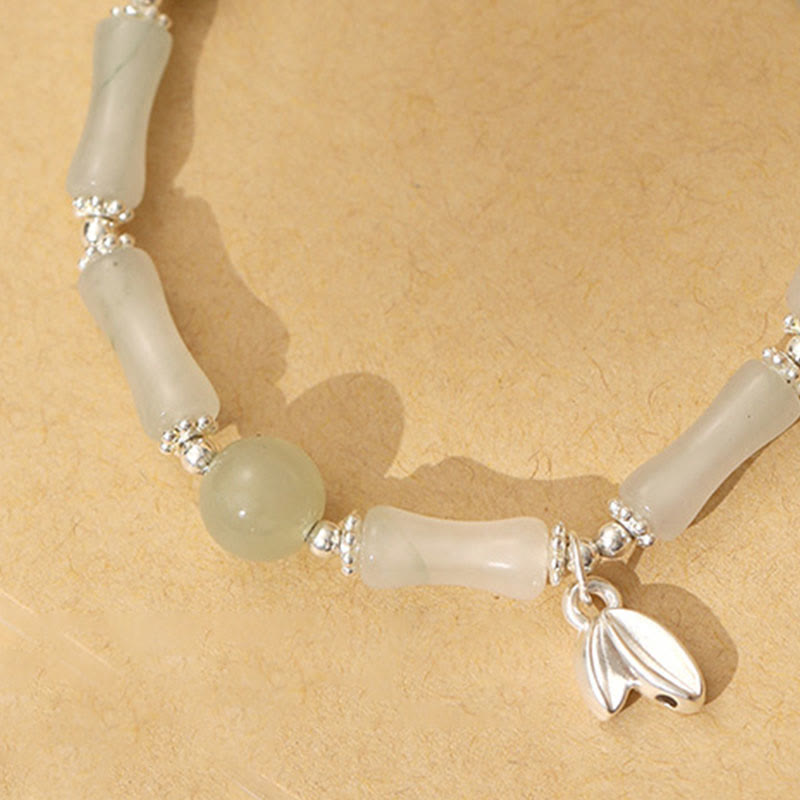 Buddha Stones 925 Srebro Sterling Naturalny Tianshan Jade Bamboo Charm Bransoletka Szczęścia