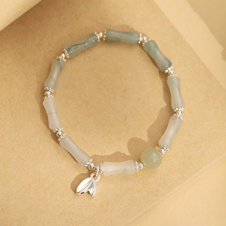 Buddha Stones 925 Srebro Sterling Naturalny Tianshan Jade Bamboo Charm Bransoletka Szczęścia