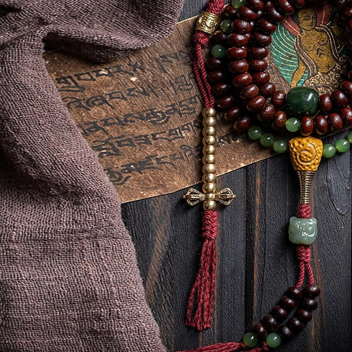 Buddha Stones Naturalne Tybet 108 Mala Koraliki Fioletowe Nasiona Bodhi Hetian Cyan Jade Miedź Dorje Bransoletka Pokoju