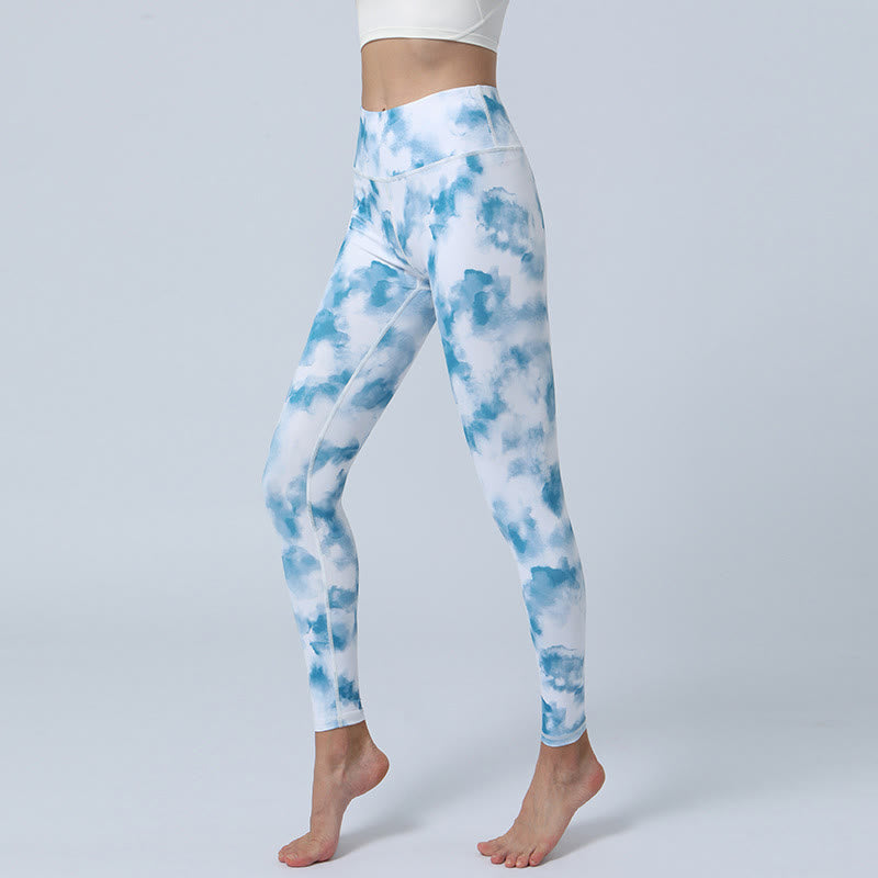 Buddha Stones Kwiaty Liście Nadruk Sport Fitness Joga Legginsy Wysoki Stan Damskie Spodnie do Jogi - Aqua White - US8-10, UK/AU12-14, EU40-42 (XL) - image 20