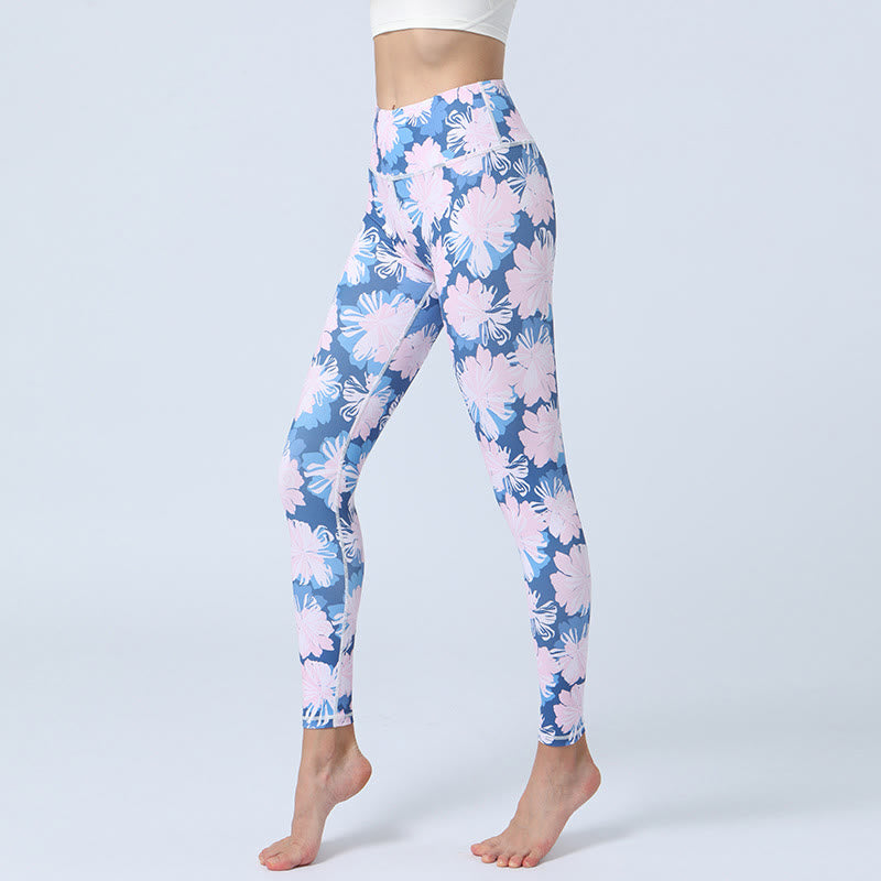Buddha Stones Kwiaty Liście Nadruk Sport Fitness Joga Legginsy Wysoki Stan Damskie Spodnie do Jogi - Niebieskie Różowe Kwiaty - US8-10, UK/AU12-14, EU40-42 (XL) - image 7