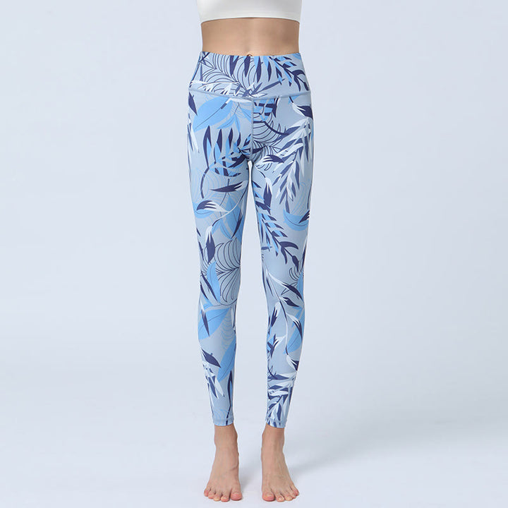 Buddha Stones Kwiaty Liście Nadruk Sport Fitness Joga Legginsy Wysoki Stan Damskie Spodnie do Jogi - Jasnoniebieskie liście - US8-10, UK/AU12-14, EU40-42 (XL) - image 10