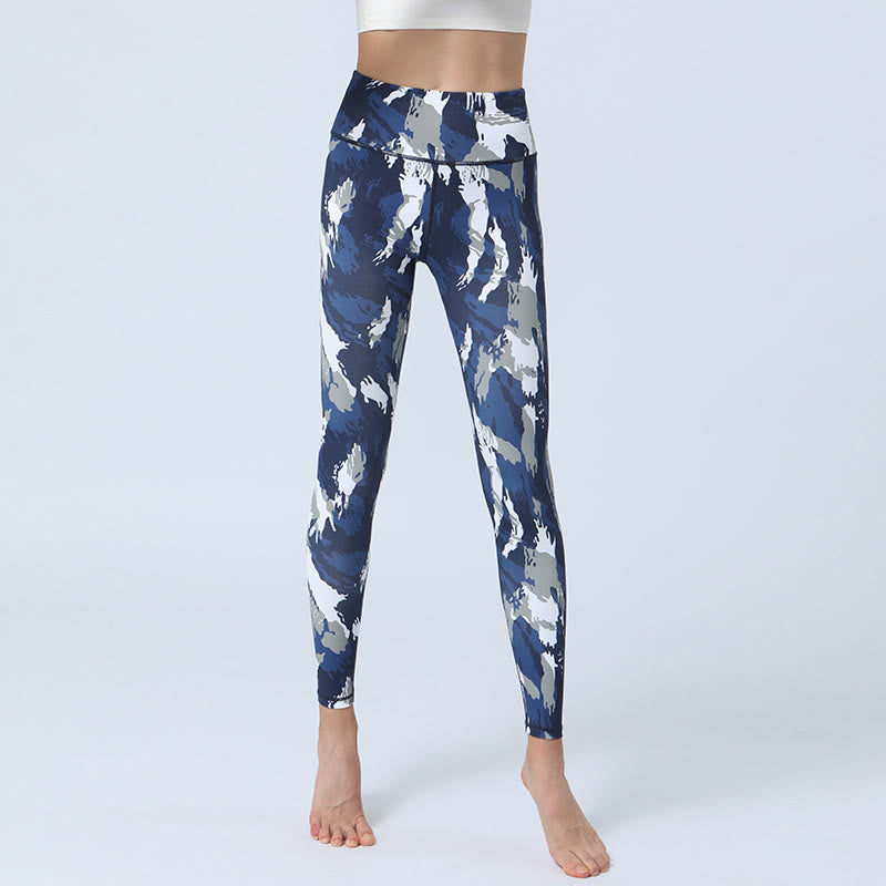 Buddha Stones Kwiaty Liście Nadruk Sport Fitness Joga Legginsy Wysoki Stan Damskie Spodnie do Jogi - Ciemnoniebieski Biały - US8-10, UK/AU12-14, EU40-42 (XL) - image 1