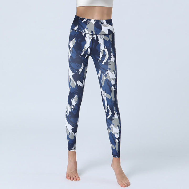 Buddha Stones Kwiaty Liście Nadruk Sport Fitness Joga Legginsy Wysoki Stan Damskie Spodnie do Jogi - Ciemnoniebieski Biały - US8-10, UK/AU12-14, EU40-42 (XL) - image 1