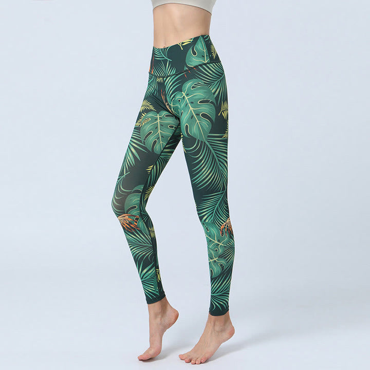 Buddha Stones Liście Nadruk Sport Fitness Joga Wysoki Stan Legginsy Damskie Spodnie do Jogi - Zielone liście - US8-10, UK/AU12-14, EU40-42 (XL) - image 1