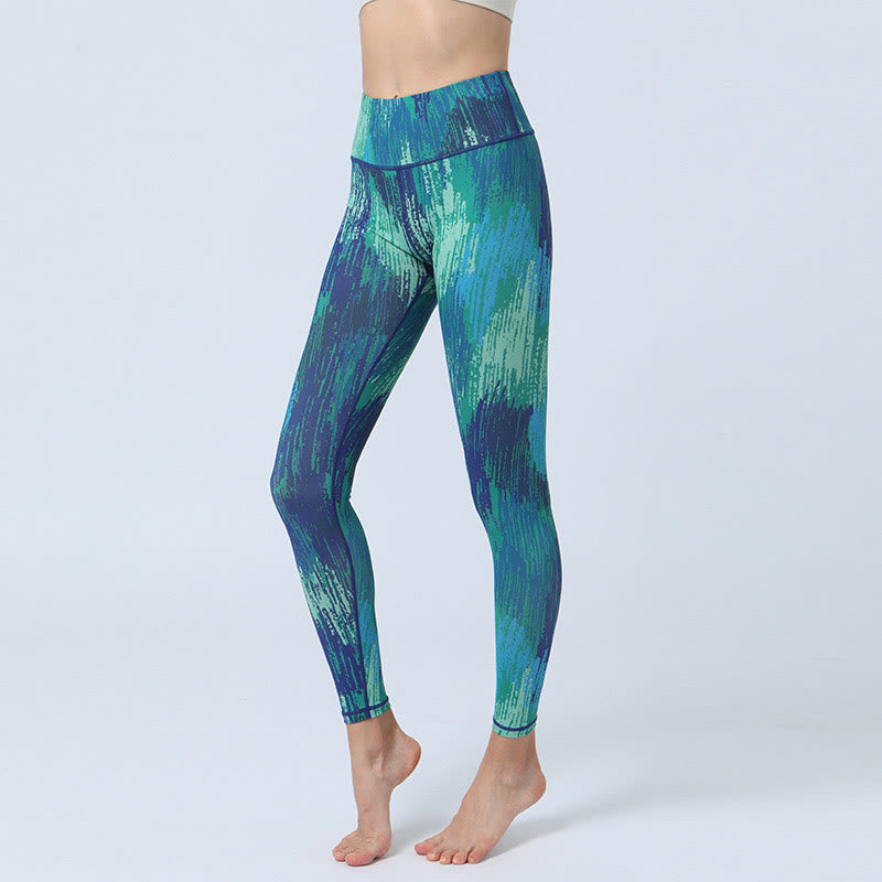Buddha Stones Liście Nadruk Sport Fitness Joga Wysoki Stan Legginsy Damskie Spodnie do Jogi - Zielony Niebieski - US8-10, UK/AU12-14, EU40-42 (XL) - image 7