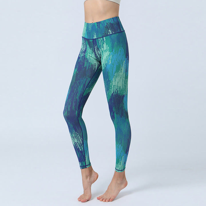Buddha Stones Liście Nadruk Sport Fitness Joga Wysoki Stan Legginsy Damskie Spodnie do Jogi - Zielony Niebieski - US8-10, UK/AU12-14, EU40-42 (XL) - image 7