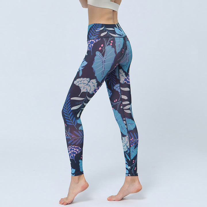 Buddha Stones Liście Nadruk Sport Fitness Joga Wysoki Stan Legginsy Damskie Spodnie do Jogi - Ciemnoniebieskie liście - US8-10, UK/AU12-14, EU40-42 (XL) - image 10