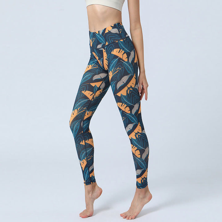 Buddha Stones Liście Nadruk Sport Fitness Joga Wysoki Stan Legginsy Damskie Spodnie do Jogi - Pomarańczowo-niebieskie liście - US8-10, UK/AU12-14, EU40-42 (XL) - image 13