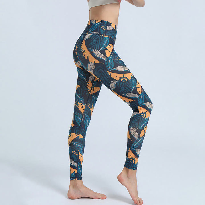 Buddha Stones Liście Nadruk Sport Fitness Joga Wysoki Stan Legginsy Damskie Spodnie do Jogi - image 15