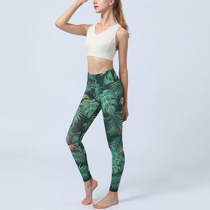 Buddha Stones Liście Nadruk Sport Fitness Joga Wysoki Stan Legginsy Damskie Spodnie do Jogi - image 6