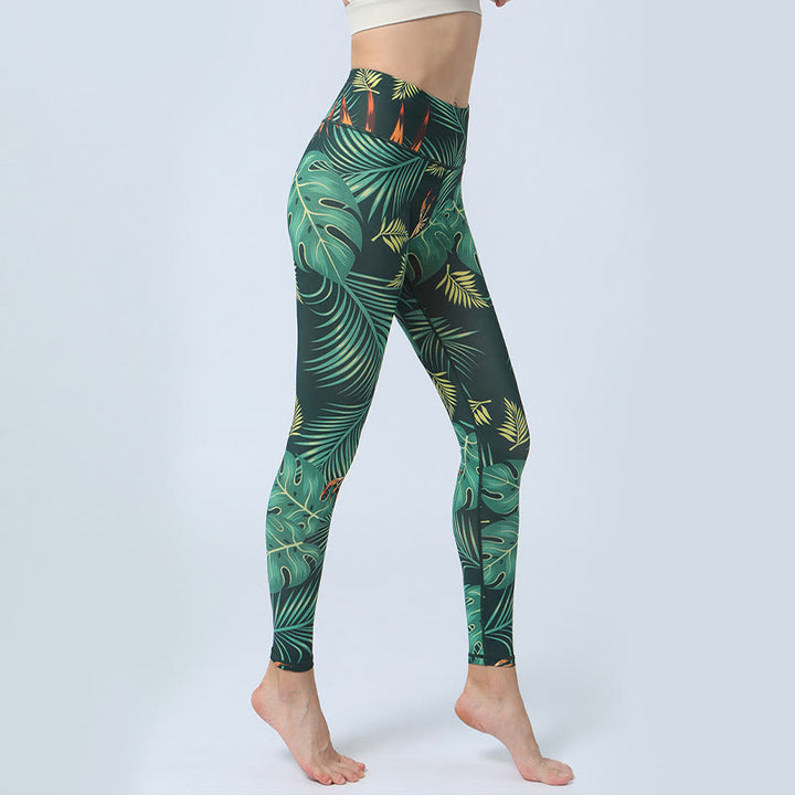 Buddha Stones Liście Nadruk Sport Fitness Joga Wysoki Stan Legginsy Damskie Spodnie do Jogi - image 2