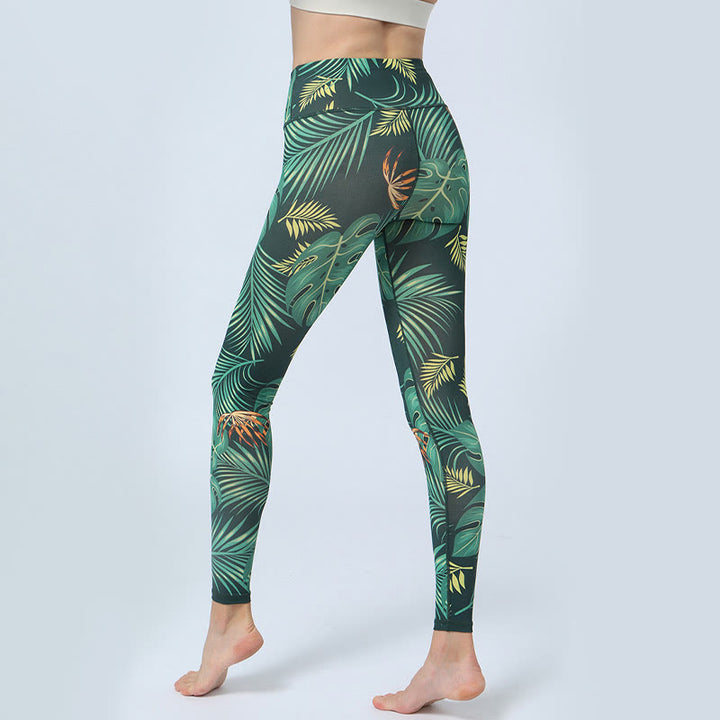 Buddha Stones Liście Nadruk Sport Fitness Joga Wysoki Stan Legginsy Damskie Spodnie do Jogi - image 3