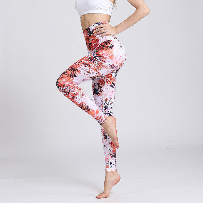 Buddha Stones Czerwone Różowe Kwiaty Nadruk Sport Fitness Joga Legginsy Wysoki Stan Damskie Spodnie do Jogi - US6, UK/AU10, EU38 (XL) - image 0