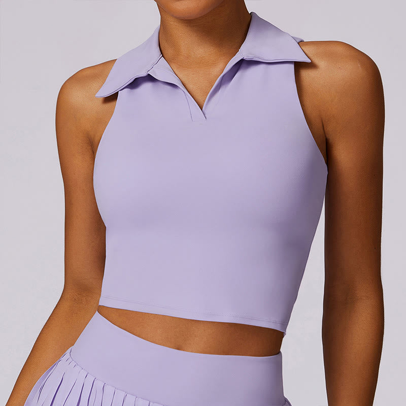 Buddha Stones Polo Collar Crop Tank Top Spódnice tenisowe Plisowane szorty z kieszeniami Sportowe stroje do jogi - Fioletowy - Szczyt - US8-10, UK/AU12-14, EU40-42 (XL) - image 0
