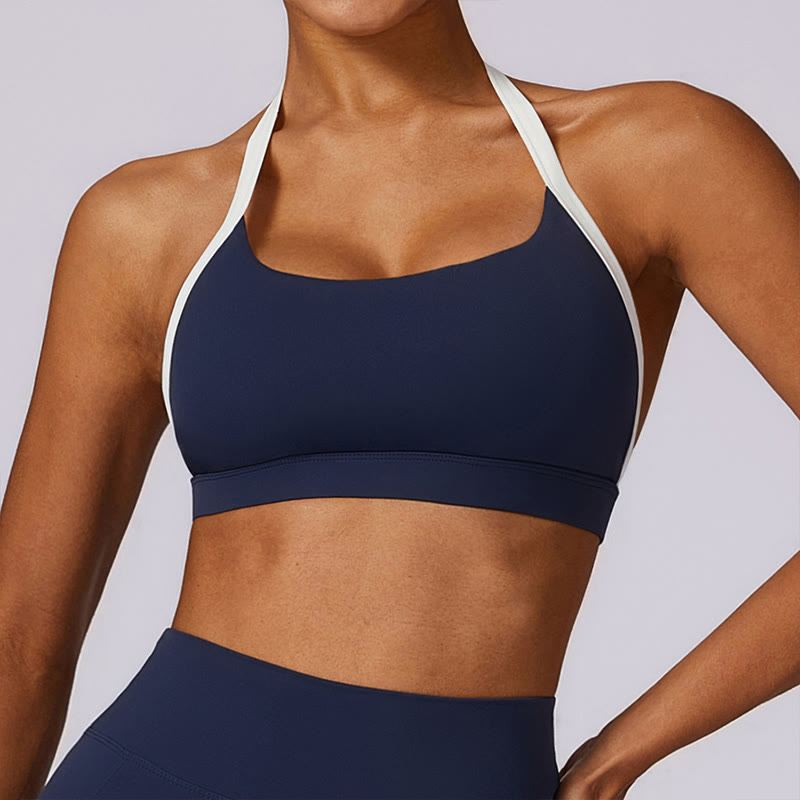 Buddha Stones Jednokolorowy biustonosz z dekoltem halter Długi rękaw Crop Tank Top Spodnie Sport Fitness Siłownia Joga Stroje