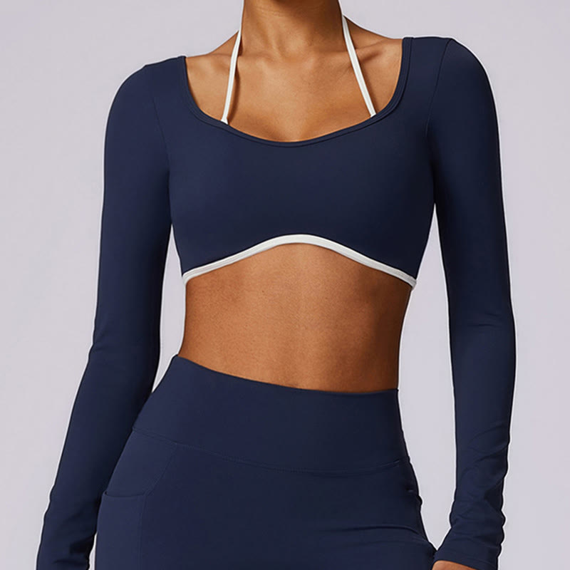 Buddha Stones Jednokolorowy biustonosz z dekoltem halter Długi rękaw Crop Tank Top Spodnie Sport Fitness Siłownia Joga Stroje