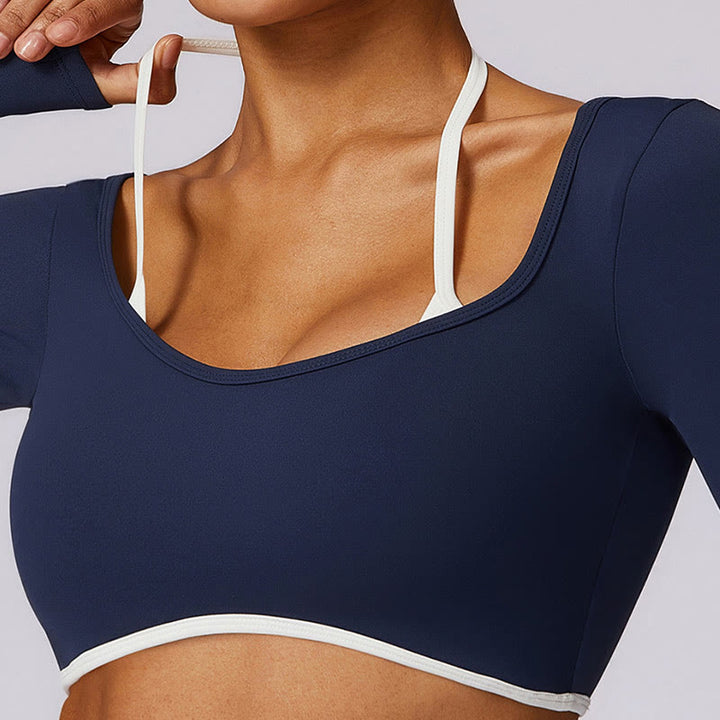 Buddha Stones Jednokolorowy biustonosz z dekoltem halter Długi rękaw Crop Tank Top Spodnie Sport Fitness Siłownia Joga Stroje - image 9