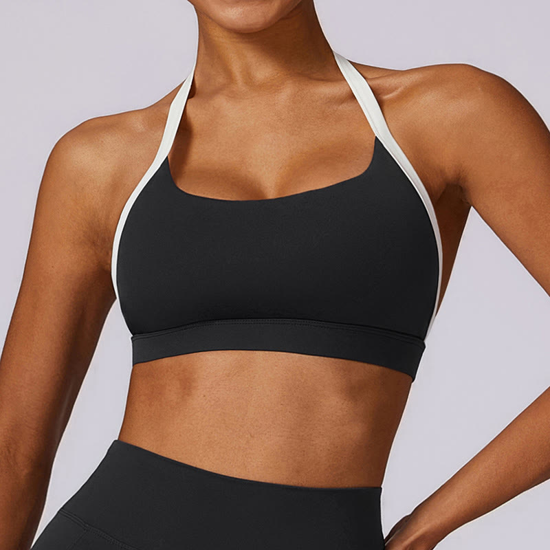 Buddha Stones Jednokolorowy biustonosz z dekoltem halter Długi rękaw Crop Tank Top Spodnie Sport Fitness Siłownia Joga Stroje