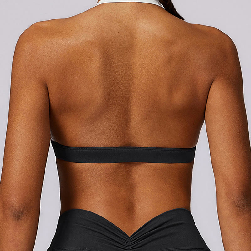 Buddha Stones Jednokolorowy biustonosz z dekoltem halter Długi rękaw Crop Tank Top Spodnie Sport Fitness Siłownia Joga Stroje