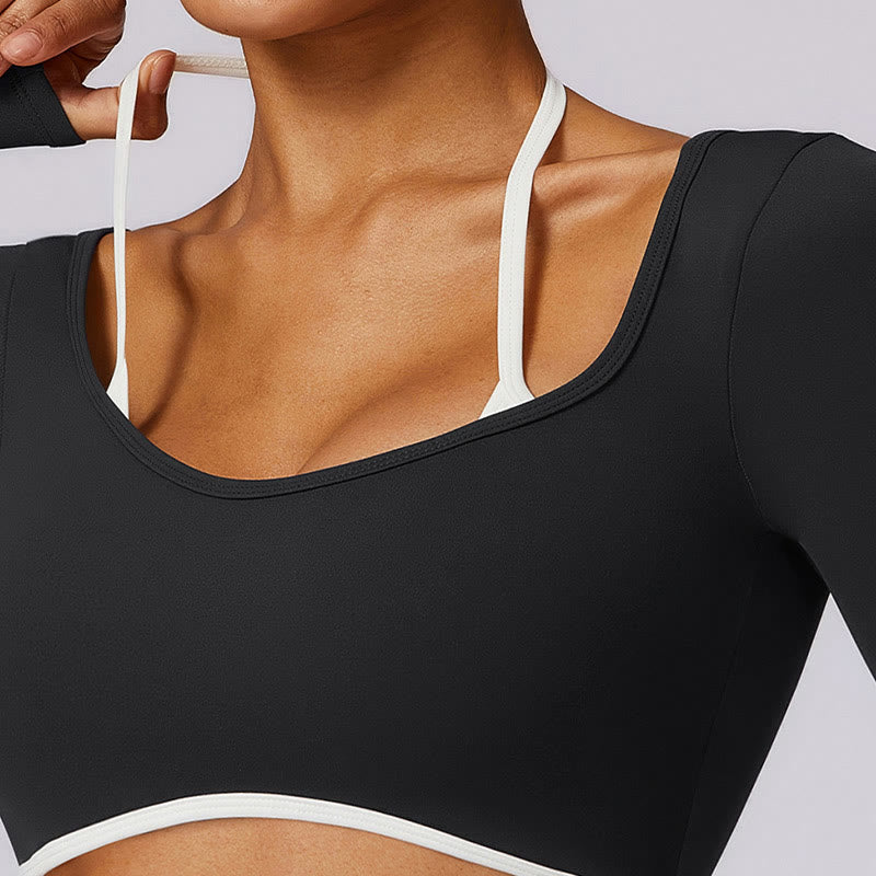 Buddha Stones Jednokolorowy biustonosz z dekoltem halter Długi rękaw Crop Tank Top Spodnie Sport Fitness Siłownia Joga Stroje - image 30