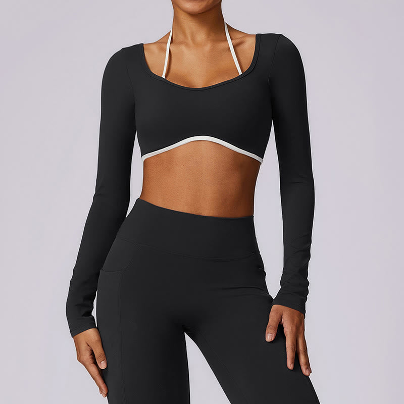Buddha Stones Jednokolorowy biustonosz z dekoltem halter Długi rękaw Crop Tank Top Spodnie Sport Fitness Siłownia Joga Stroje