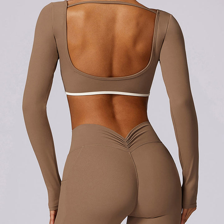 Buddha Stones Jednokolorowy biustonosz z dekoltem halter Długi rękaw Crop Tank Top Spodnie Sport Fitness Siłownia Joga Stroje